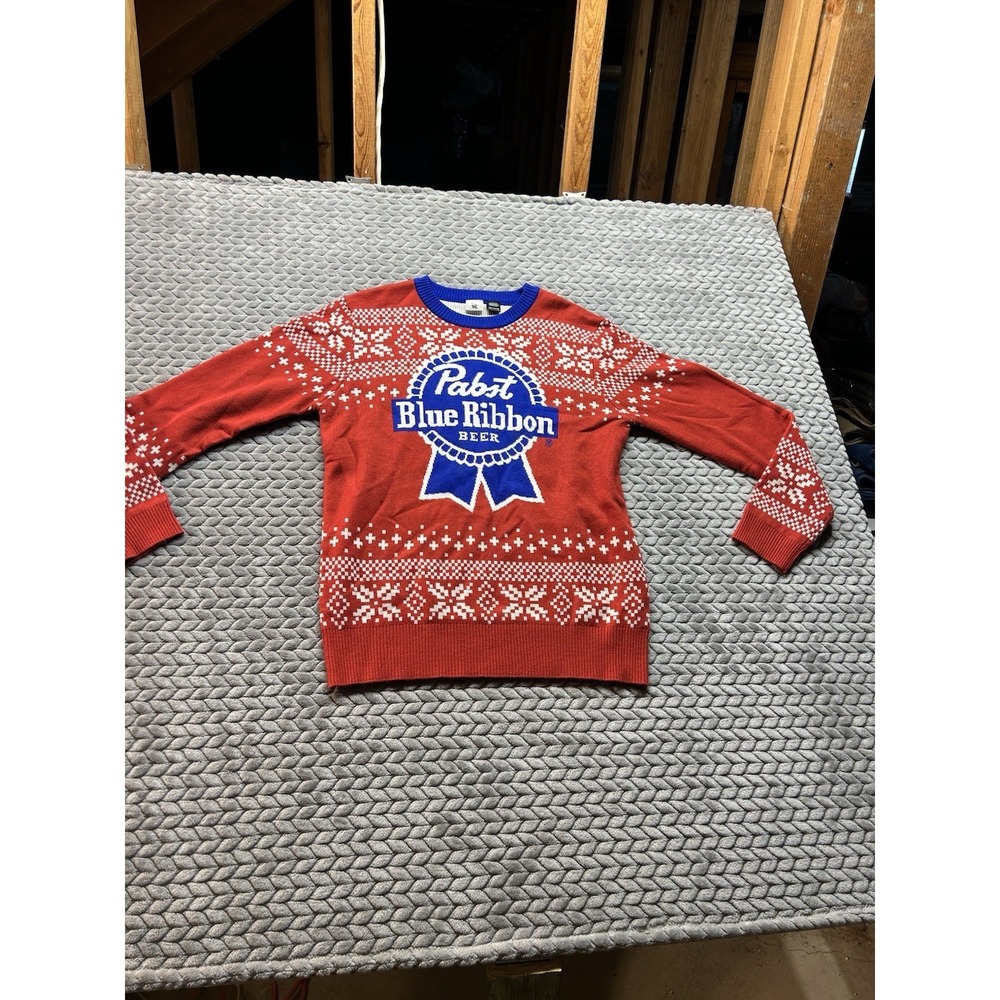 Pabst Blue Ribbon Ugly Christmas Sweater Mens Medium Red PBR Beer Knit
